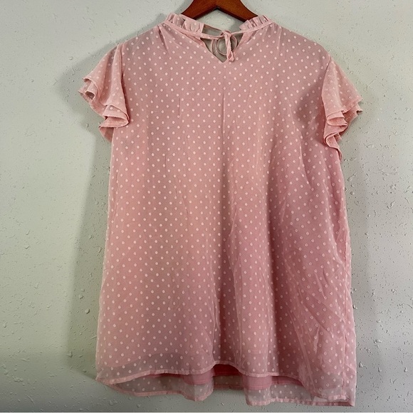 🦋 Pink Polka Dot Lace Ruffle Short Sleeve Blouse XL Valentine’s Day - Picture 3 of 5